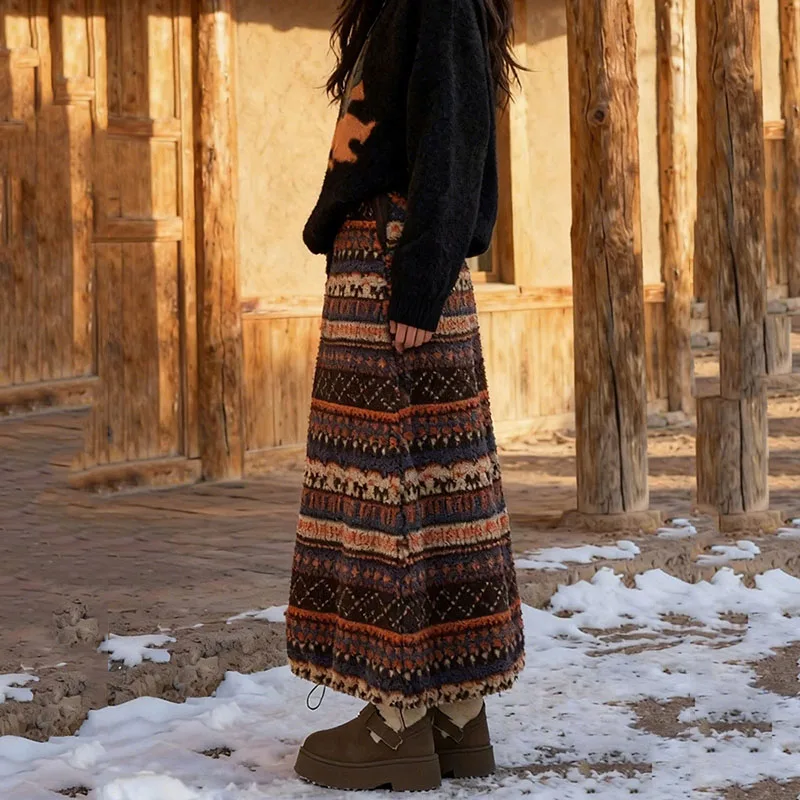 الخريف والشتاء جديد القطبية الصوف التنانير النساء خمر مخطط كتلة اللون تنورة طويلة للمرأة Y2K موضة فضفاضة ميدي التنانير #5