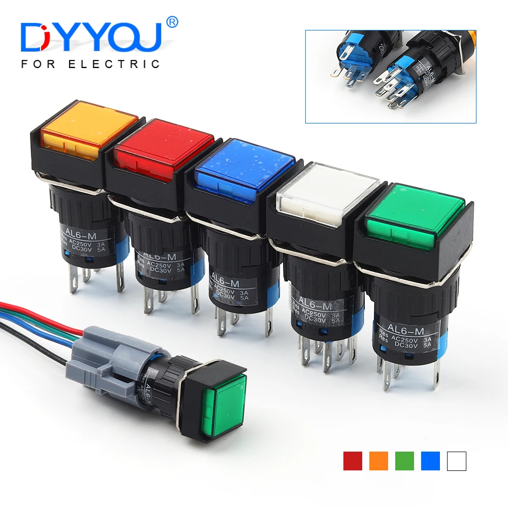 

16mm 5/8Pin Momentary LED Illuminuted Maintained Push Button Switch Self-Reset Self-Locking 12/24/220V Square Lamp Indicator