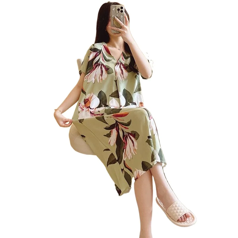 Korean Version Large Size Loose Loungewear Cotton and Silk Nightgown 2006 Women's Summer Short-sleeved Cartoon Printed Pajamas