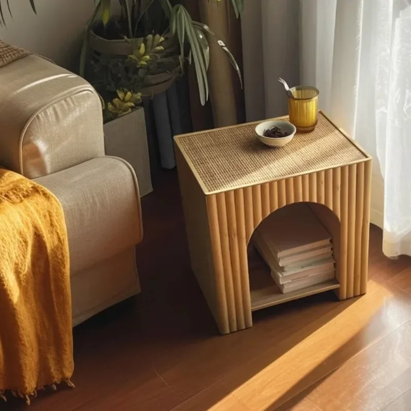 Bamboo Rattan Woven Storage Cabinet, Living Room Organizer with Minimalist Modern Farmhouse Style, Side End Table for Home Decor