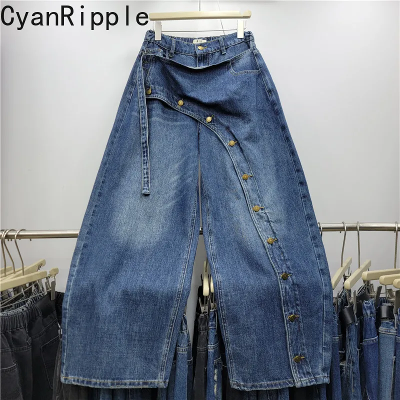 American High Street Buckle Splicing Women Wide Leg Jeans All-match Elastic Waist Floor-length Loose Straight Denim Long Pants