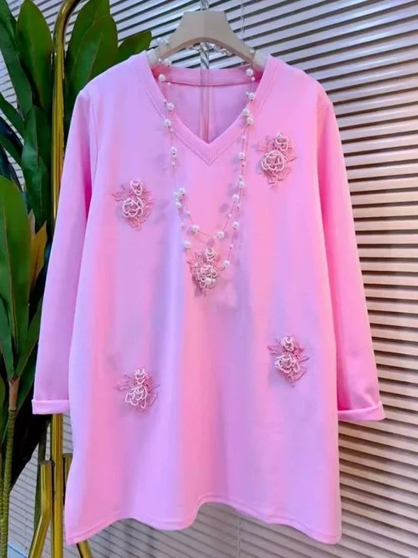 

Summer New plus Size Korean Sle V-Ne Overalls T-irt 300 Pou Faionable 3D Flower Long Sve Women's Top