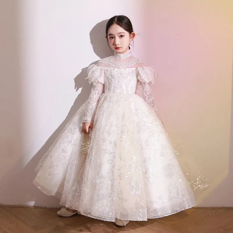 Sparkly Sequins Long Sleeves Flower Girl Dresses Tulle Kids Birthday Party Pageant Prom Gown Girls Bridesmaid Evening Costume