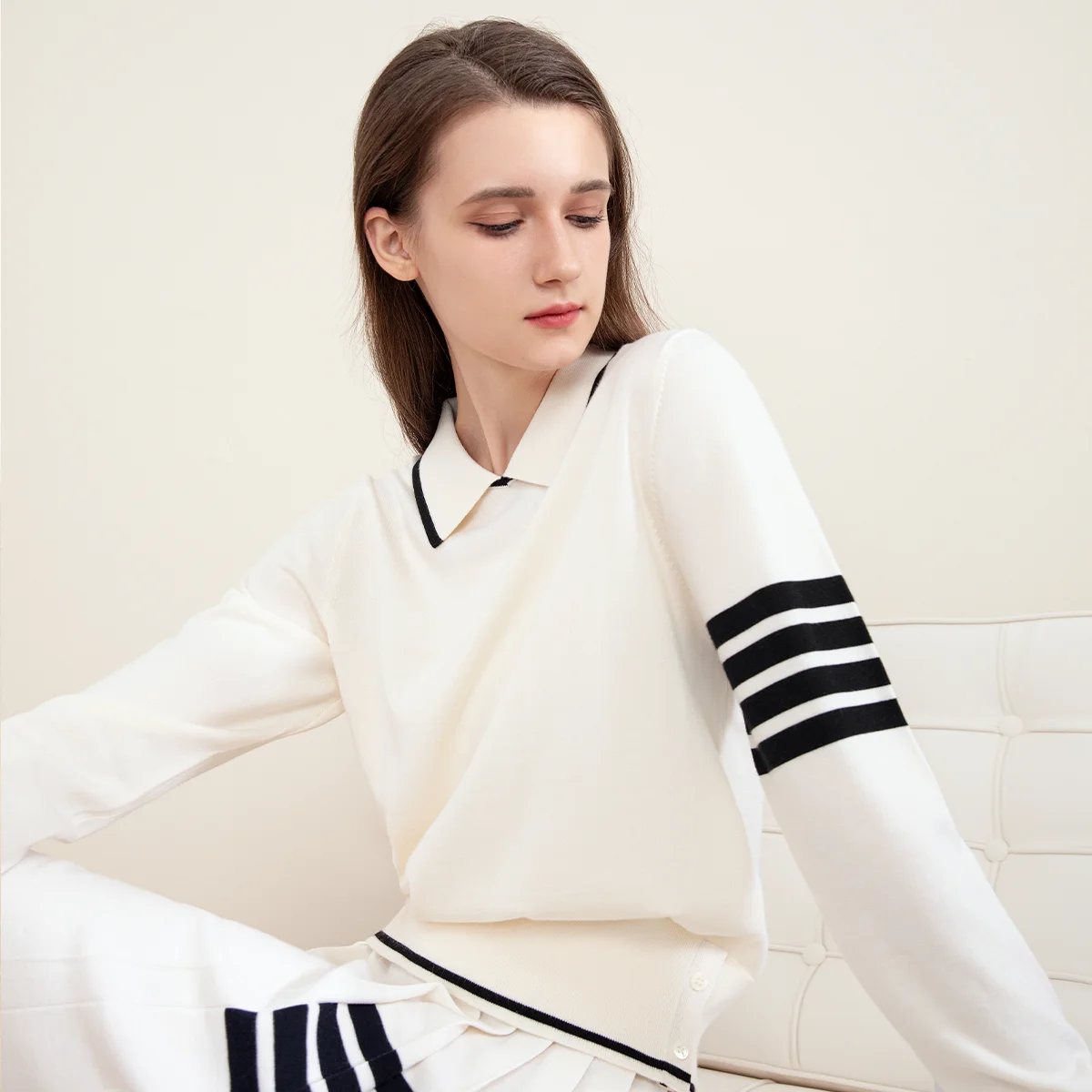 TC-167 100% merino wool high quality women's preppy lapel white knit sweater