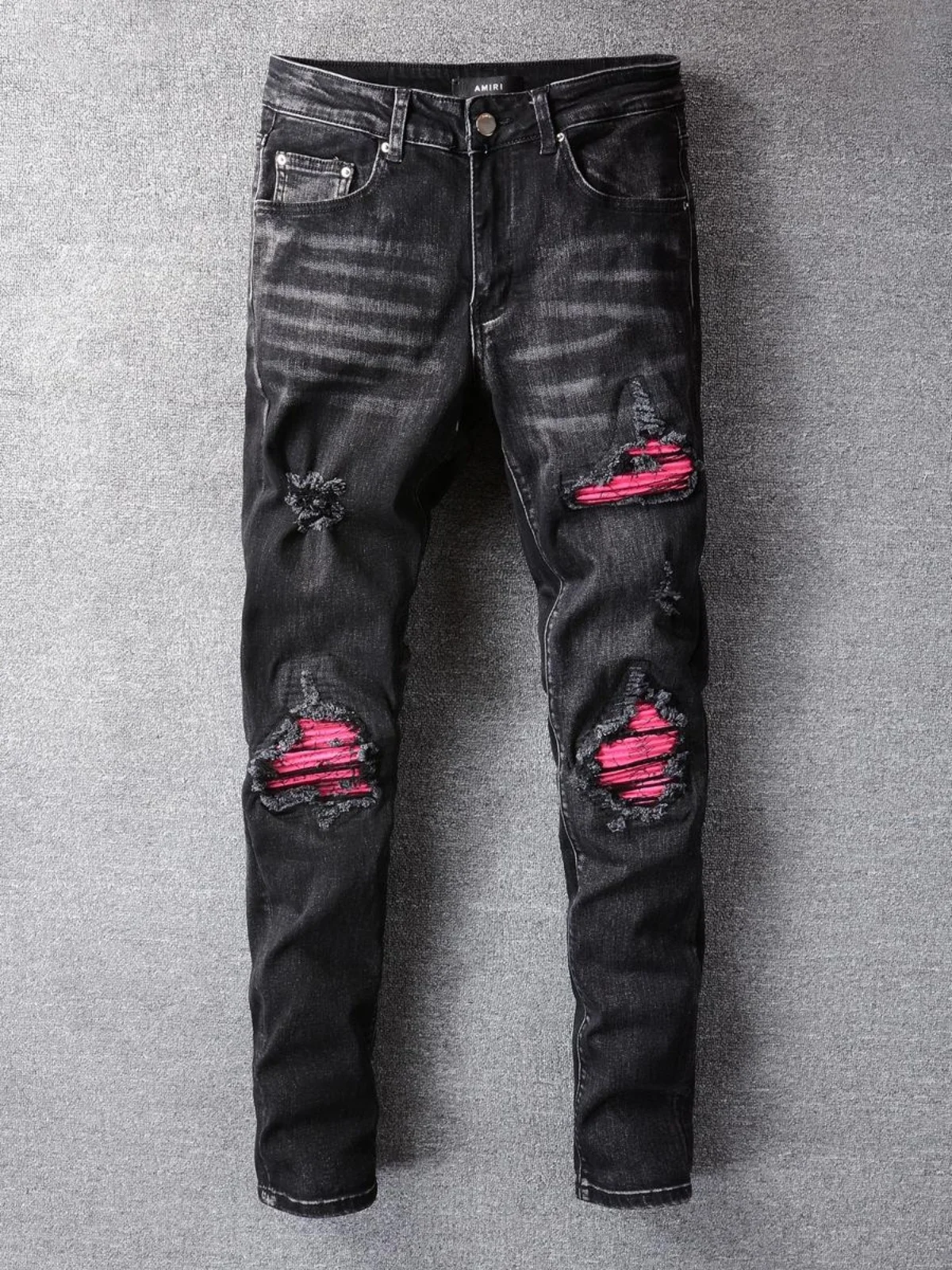 

Bla Hole Denim Jeans Men's Elastic Patchwork Slimming Small Foot Pants High Street Trend New AMR Red Patch Casual Long Pants