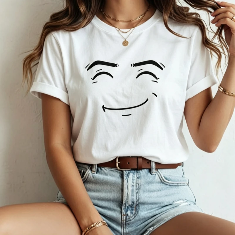 Funny Meme Expression T Shirt Women Simple Line Art Smiling Face Print Casual Short Sleeve O Neck Cotton Tees Daily Cotton Tops