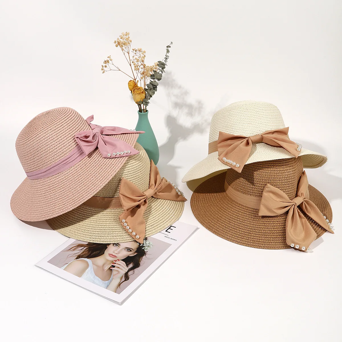 

Straw Hat Female Summer Small Fresh K-style Vacation Travel Seaside Beach Sun Hat Sun Protection Bows Sun Hat