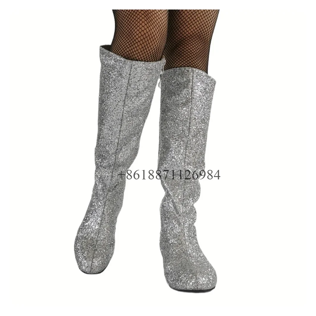 Sexy Style Bling Rhinestone Round Toe Knee High Women Boots Chunky Low Heels Side Zipper Design Large Size Handmade Shoes