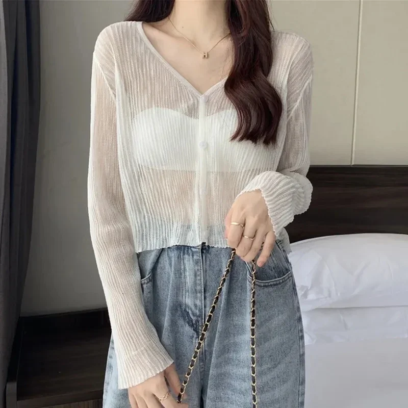 

Rimocy Summer V Neck Cardigan Women 2024 Casual Transparent Sweater Shirts Woman Simple Thin Solid Color Outwear Female Crop Top