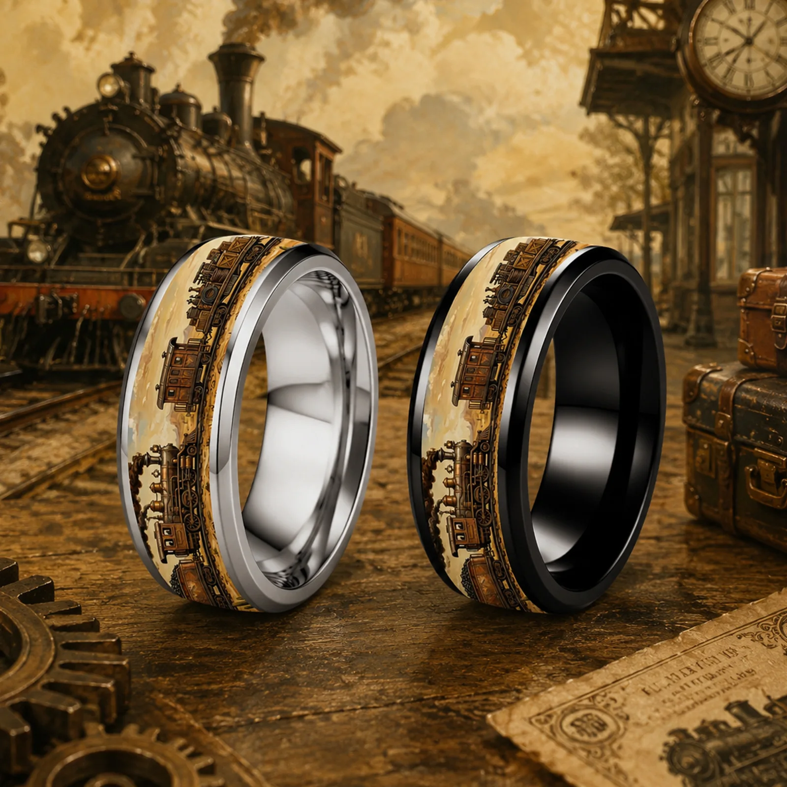8MM Vintage Oil Painting Stainless Steel Rings Set Polished Unique Double Beveled Black And White Stainless Steel Jewelry