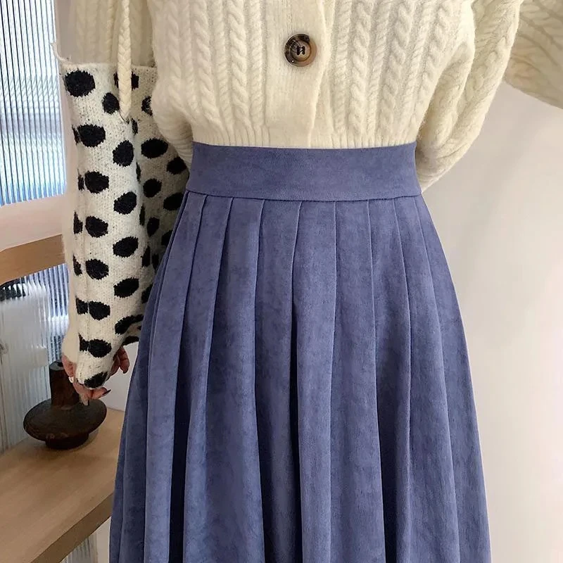 Biyaby Korean High Waist Long Skirt for Women College Style Corduroy Pleated Skirts Woman 2024 Autumn Streetwear Blue Midi Skirt