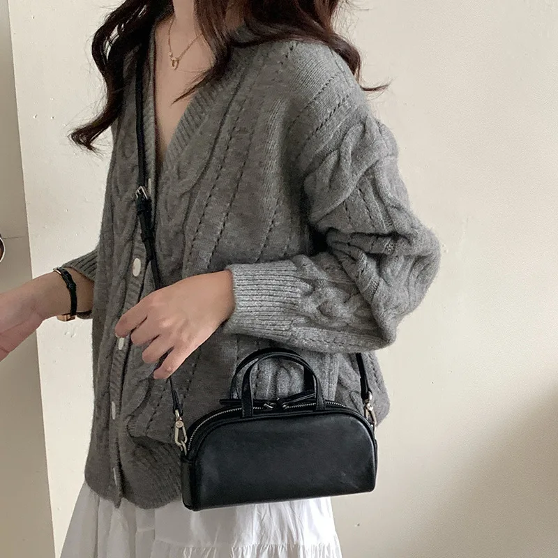 

Mini Genuine Leather Handbag Women 2025 Top Layer Cowhide Bowling Crossbody Designer Luxury Bag