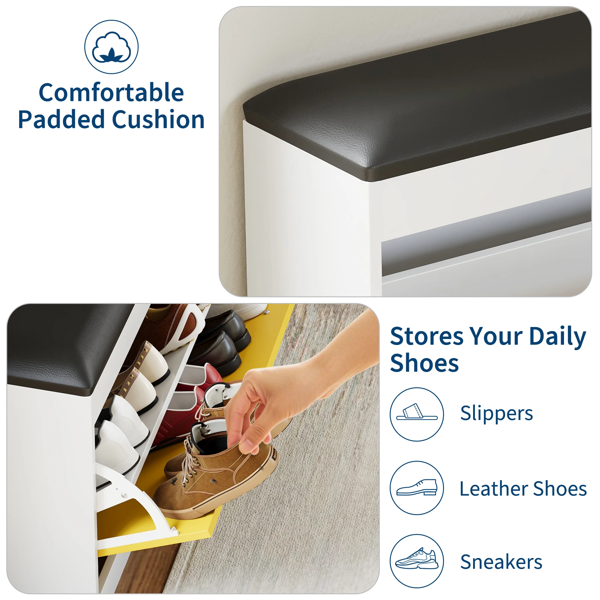 Modern Shoe Storage Bench with Turnover Drawer – 31.5'' White Entryway Shoe Cabinet – PU Cushion Seat – Space-Saving Organizer for Hallway, Bedroom, Living Room – Easy Assembly
