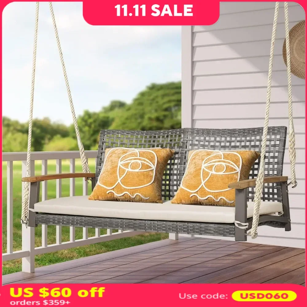 

Outdoor Porch Swing 2-Seater - Patio PE Rattan Hanging Swing Bench With Seat Cushion And Strong Hanging Ropes,Swings