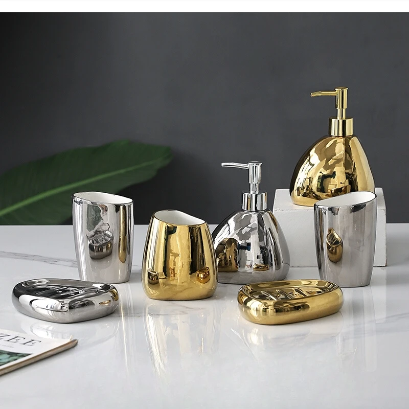 European light luxury electroplating gold silver ceramic bathroom five-piece set of household toiletries lotion bottle soap dish