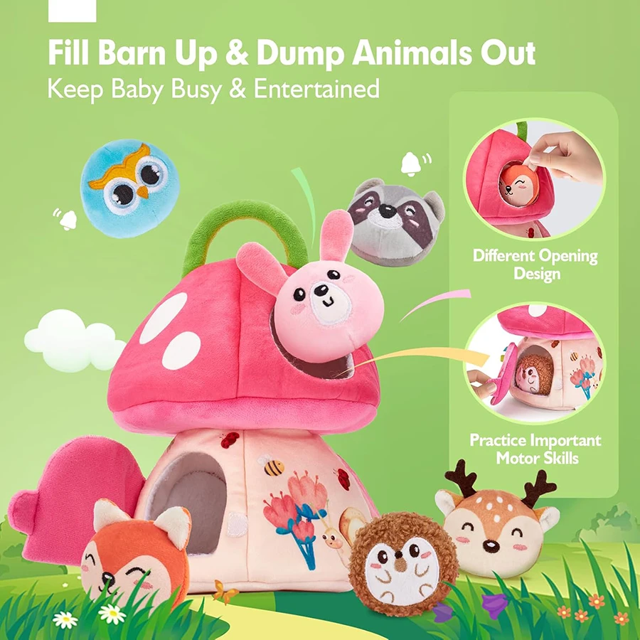 Brinquedos para bebês de 6 a 12 meses, brinquedos montessori para meninas de 6 meses, minha primeira casa de cogumelo com chocalho de animais da selva de pelúcia