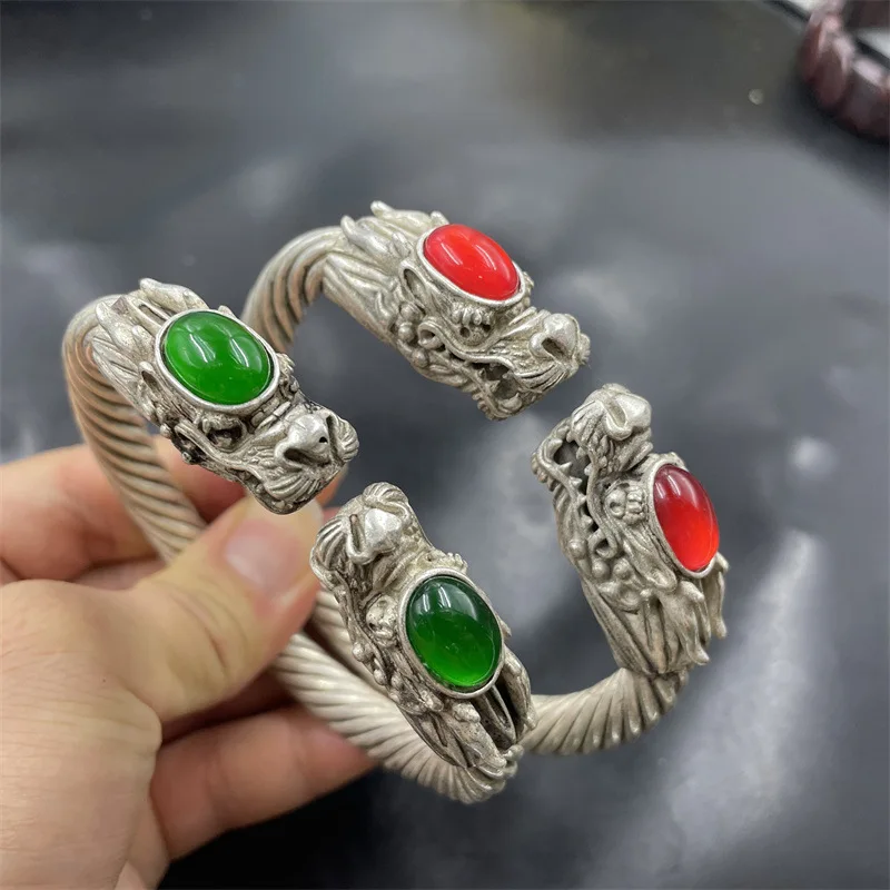 

Tibetan-style Retro Aged Silver Inlay Double Dragon Bracelet Men and Women Fashionable Personalized Gift