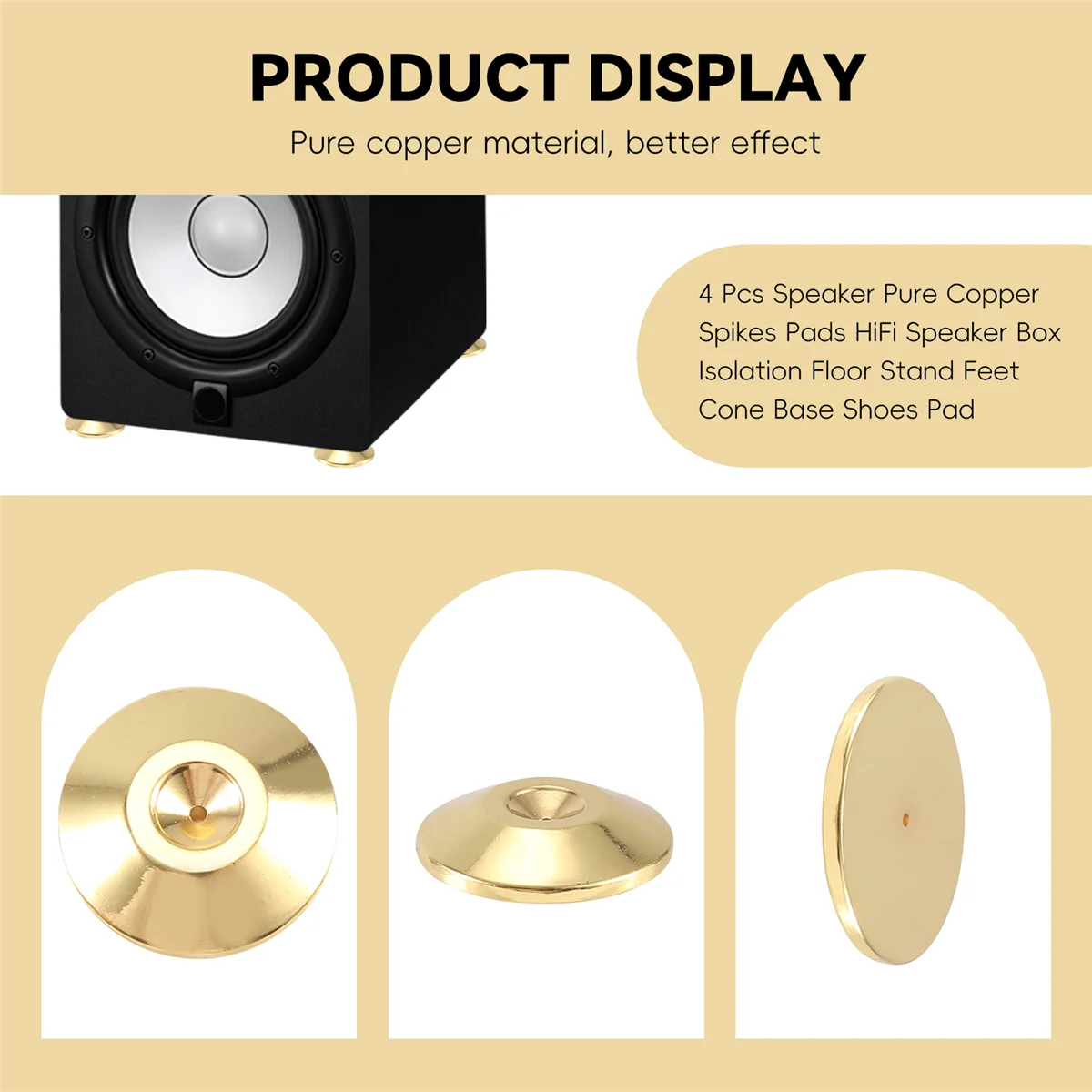 Coussinets à pointes en cuivre pur pour haut-parleur, coussinets pour haut-parleur HiFi, coussinets pour chaussures de base conique, support de sol d'isolation de boîte, or, 4 pièces