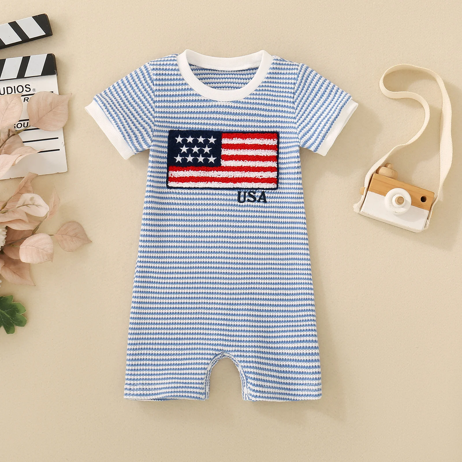 

Summer Neutral Infant Sky Blue Big Flag Short Sleeve Jumpsuit Independence Day