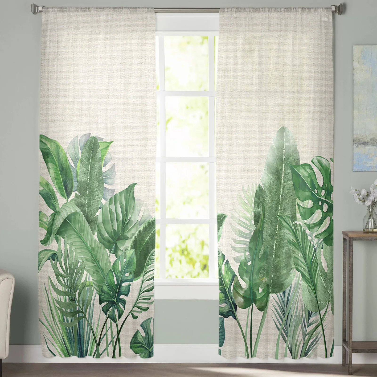 Hand-Painted Flowers And Tropical Plants Curtains For Living Room Bedroom Kitchen Decoration Window Tulle Curtain