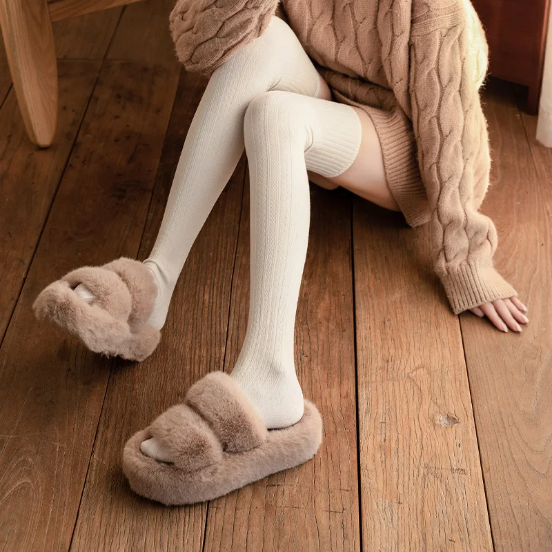 

Japanese Style Autumn Winter Baby Velvet Pressure Twist Vertical Stripe Slimming Warm Over-the-Knee High Socks Versatile Milk Wh