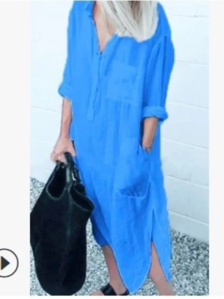 El nuevo vestido camisero con abertura de Color sólido, moda de otoño para mujer, vestido camisero sencillo holgado largo con botones y bolsillos, ropa informal femenina