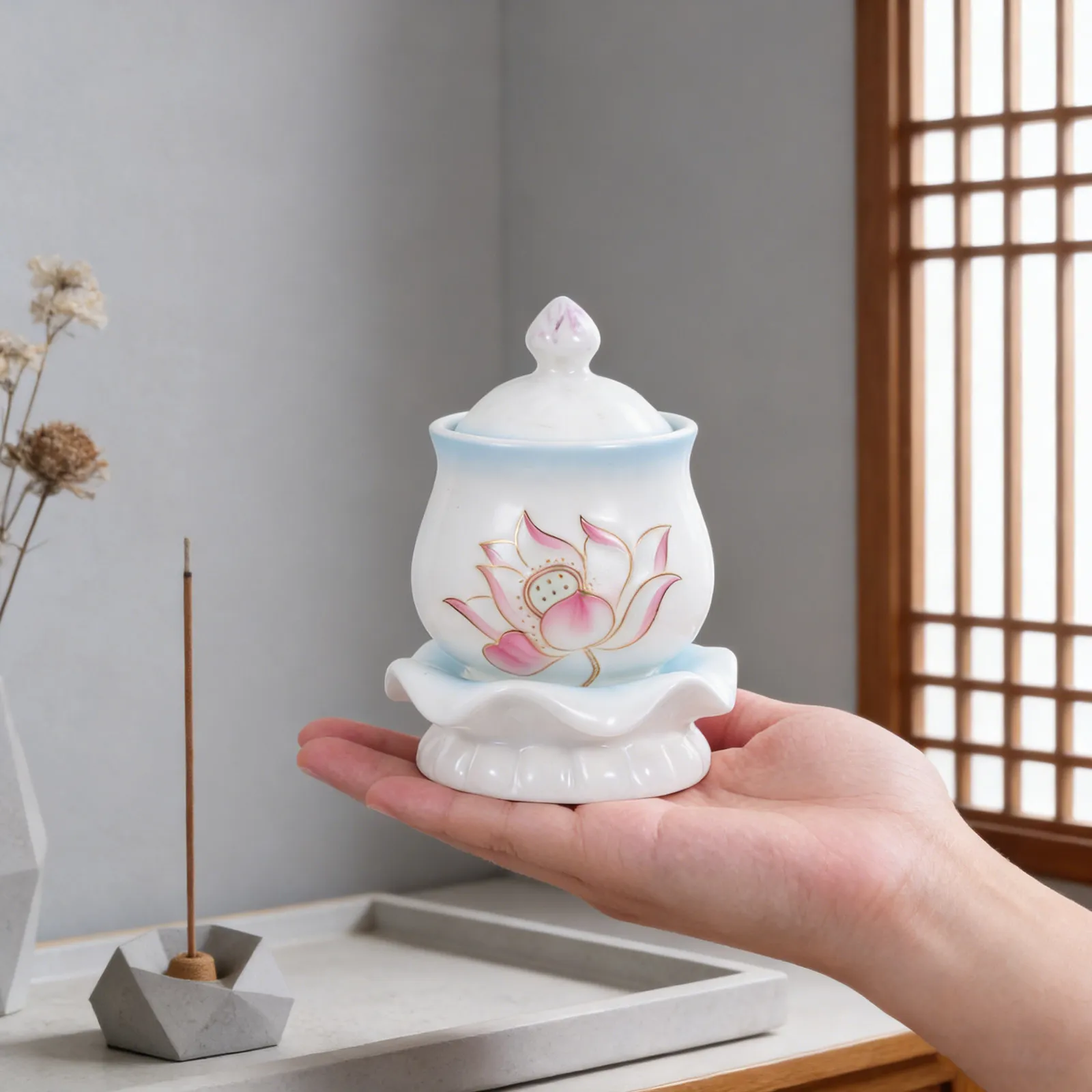 Coupe d'offrande d'eau bouddhiste en céramique émaillée Lotus, bol rituel pour la décoration de la maison, tasse de prière traditionnelle en porcelaine
