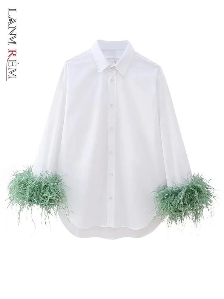 LANMREM Feather Spliced Design Women Shirt Fashion Lapel Contrast Color Single Breasted Loose Fit Tops Fashion 2024 New 32C1299