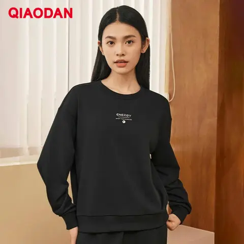 QIAODAN Black Sweatshirt for Women 2025 Autumn New Women's Loose Casual Breathable Simple Sports Pullover Top XWD32241314A