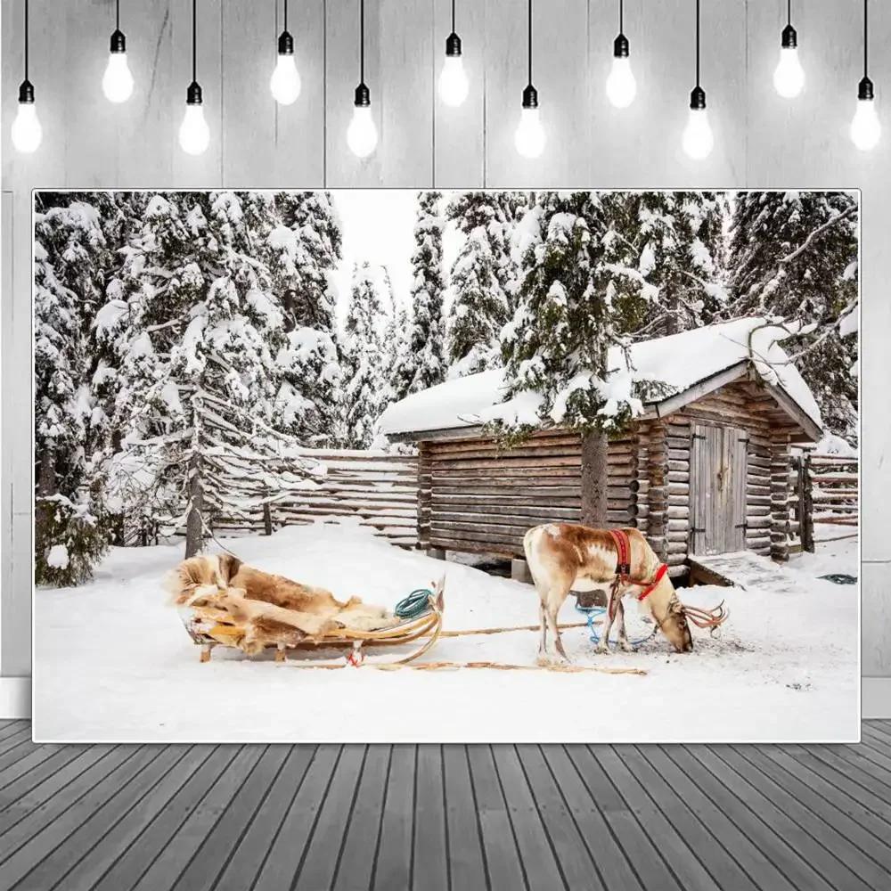 Winter Decoration Photography Backdrops Custom Snow Forest Skiing Field Trees Wooden Home Sleigh Studio Party Photo Backgrounds