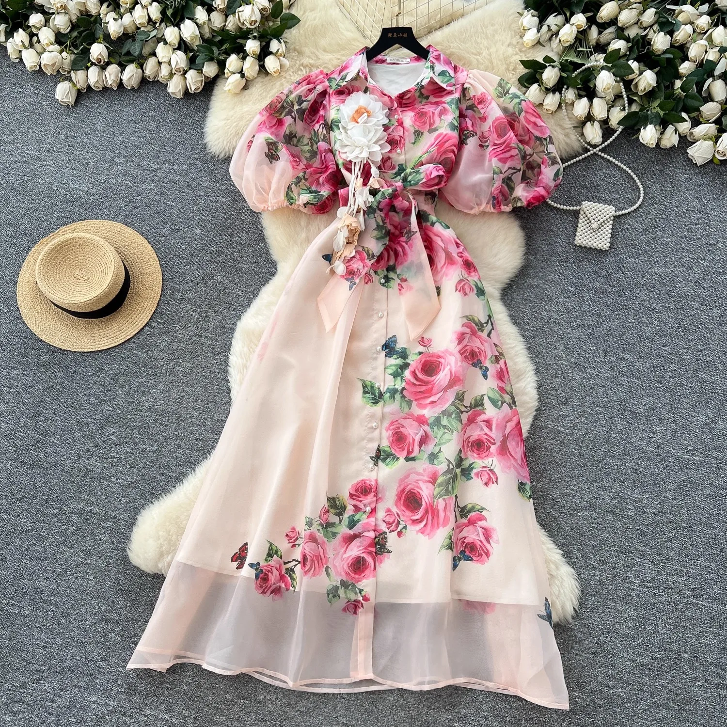 

Summer Runway Short Sleeve Floral Embroidery Dress For Women Crystal Diamond Mesh Belt Long Dresses Luxury Evening Formal Robe