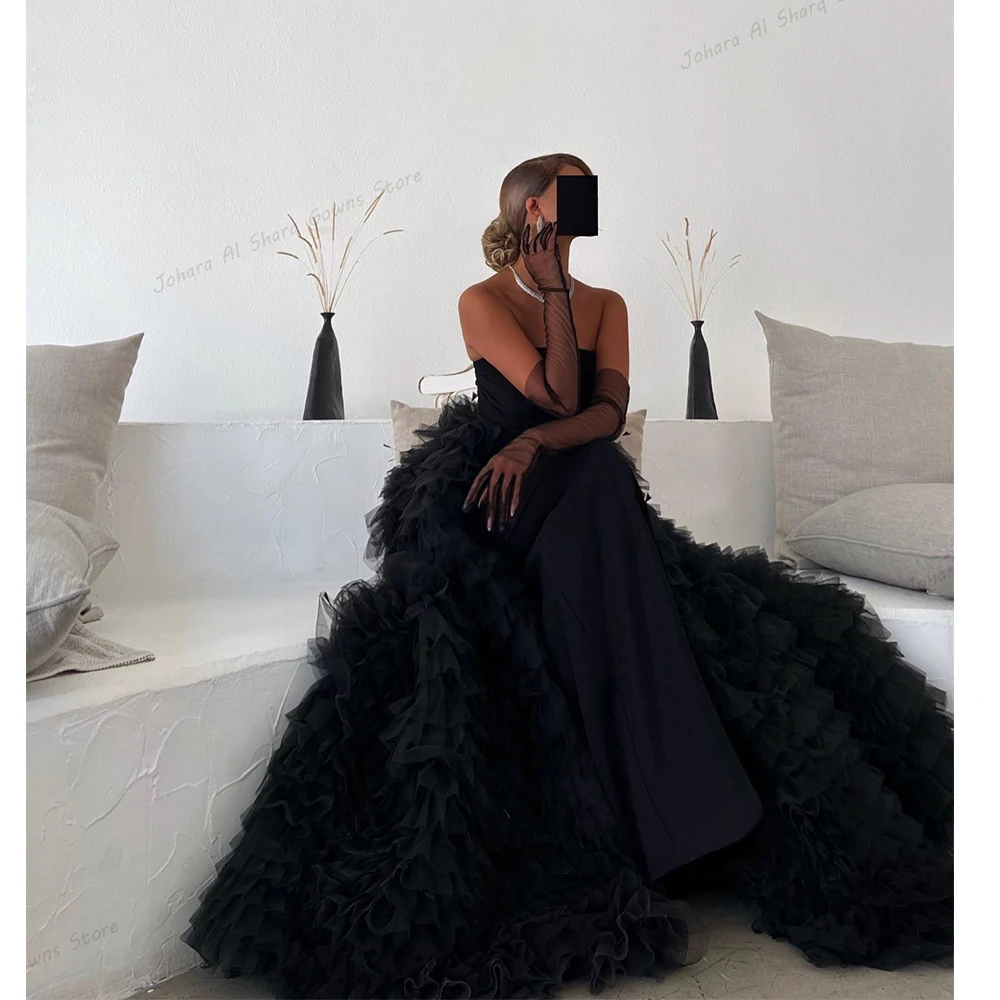 Black Strapless Evening Dresses with Detachable Multi Layer Tulle Overskirt Formal Gowns Dubai Saudi Wedding Party Customized