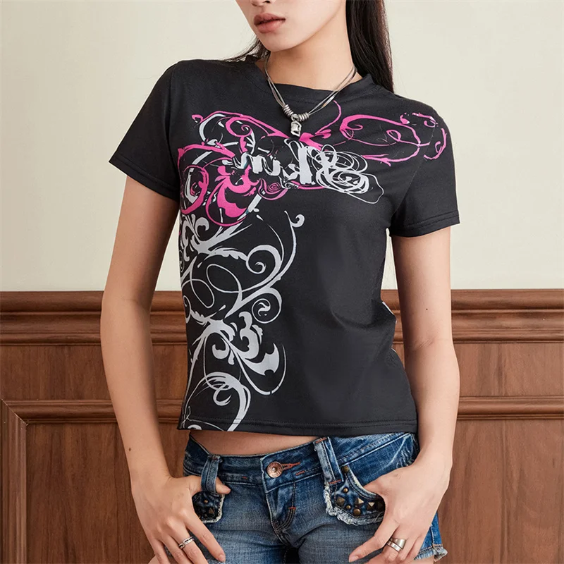 Punk Retro Star Print T-shirt 2000s Sexy Y2k Harajuku Crop Top Short Sleeve Slim Baby Tee Summer Women Gothic Clothes Streetwear