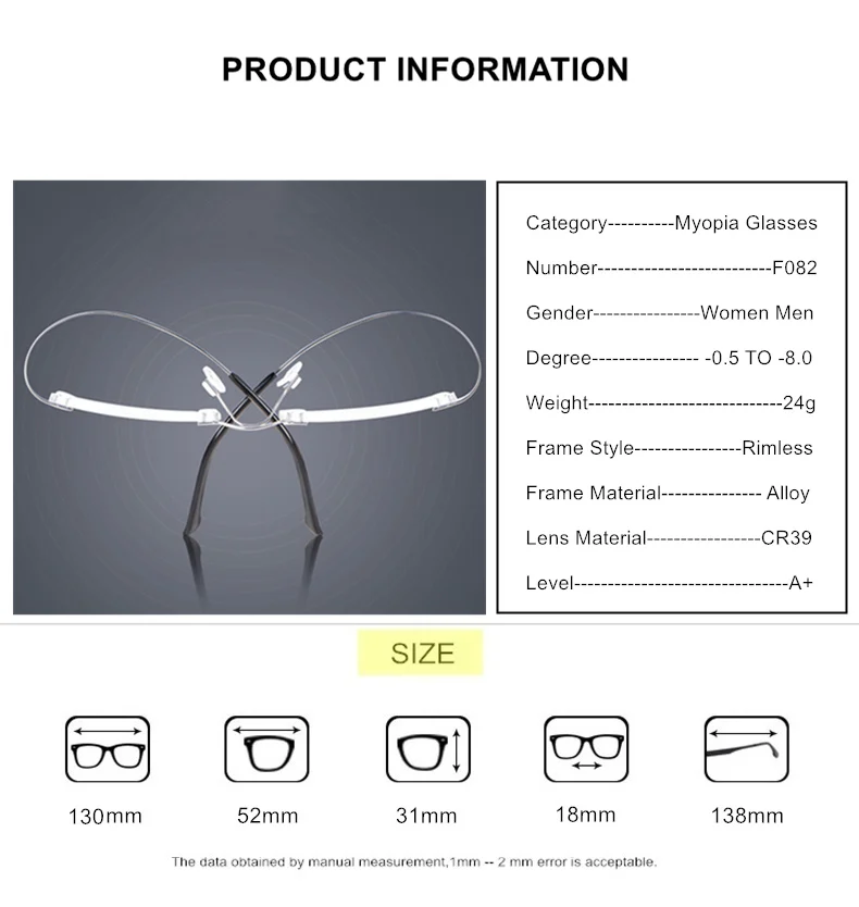 Randlose Kurzsichtigkeitsbrille Rezept -0,5 bis -8,0 Männer Frauen Titanlegierung Framless Kurzsichtige Brille Index 1,61 1,67 F082 – Detail 10