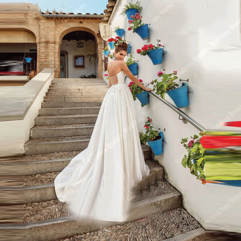 Eleganckie suknie ślubne damskie 2025, błyszczące satynowe suknie ślubne w kształcie litery A, głęboki dekolt w serek, długość do ziemi, damskie Vestido De Noche, szyte na miarę