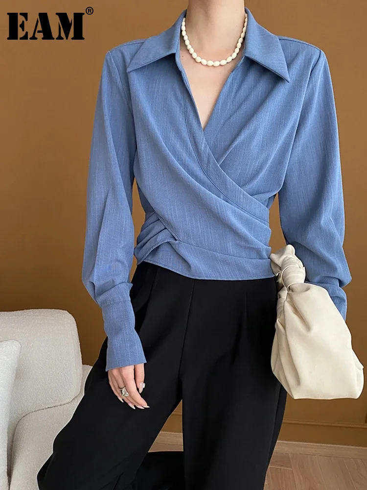 [EAM] Women Blue Corss Irregular Big Size Elegant Blouse New V-Neck Long Sleeve Shirt Fashion Tide Spring Autumn 2024 1DH7133