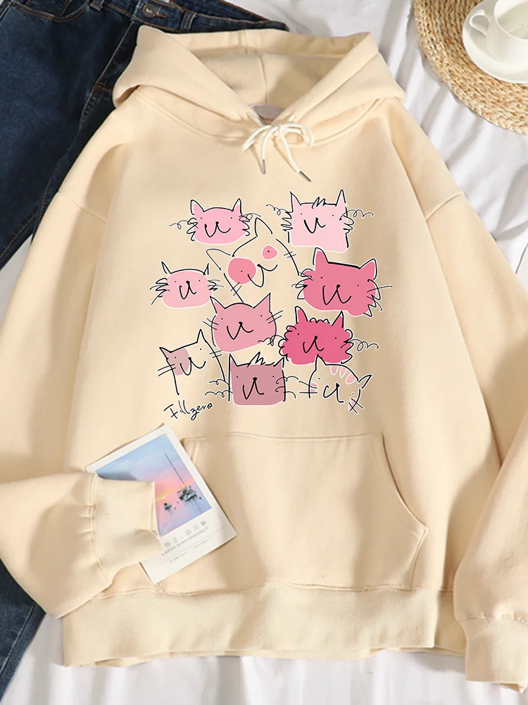 

Cartoon Simple Cat Pattern Print Sweatshirt Women Street Hip Hop Hoody Autumn Fleece Soft Hoodie Crewneck Warm Comfortable Tops