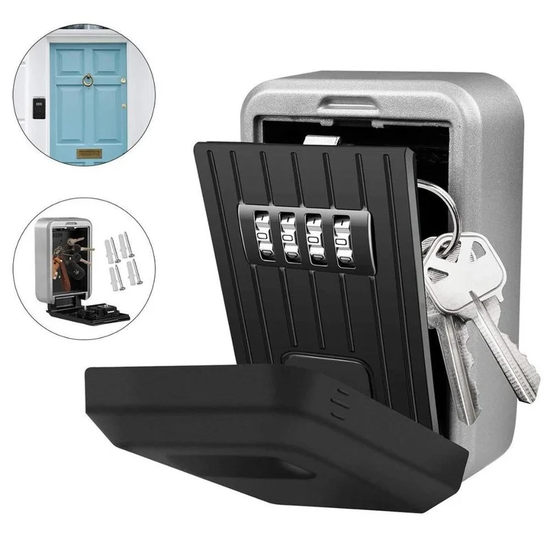 Mini Storage Key Box Key Storage Lock Box Wall-mounted Key Safe with 4 Digit Combination Waterproof Cover for Outdoor Use