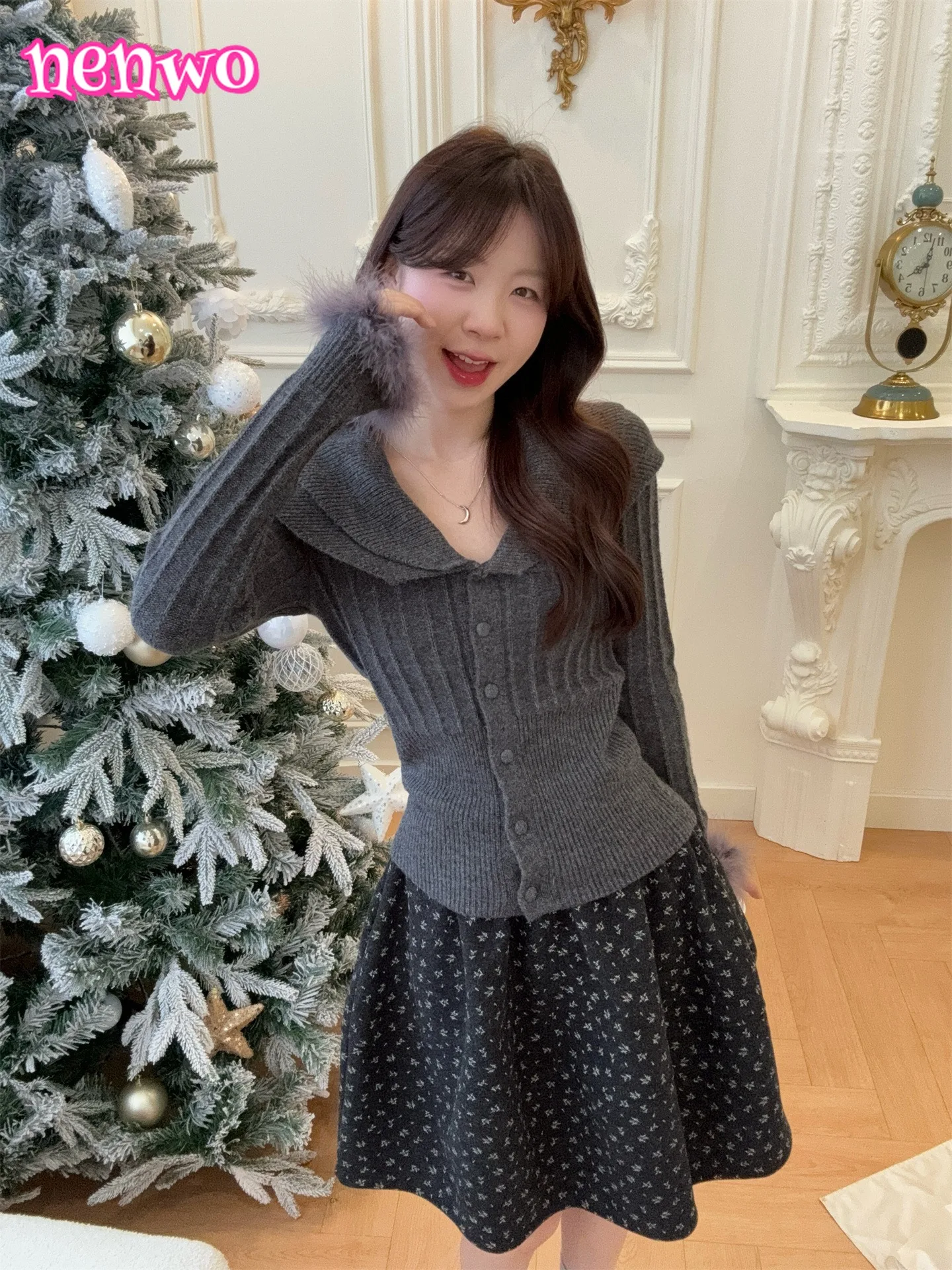 النمط الفرنسي لطيف بدوره إلى أسفل طوق كم طويل محبوك سترة علوية للنساء الخريف الشتاء الحلو دعوى الصوف الأزهار تنورة faldas