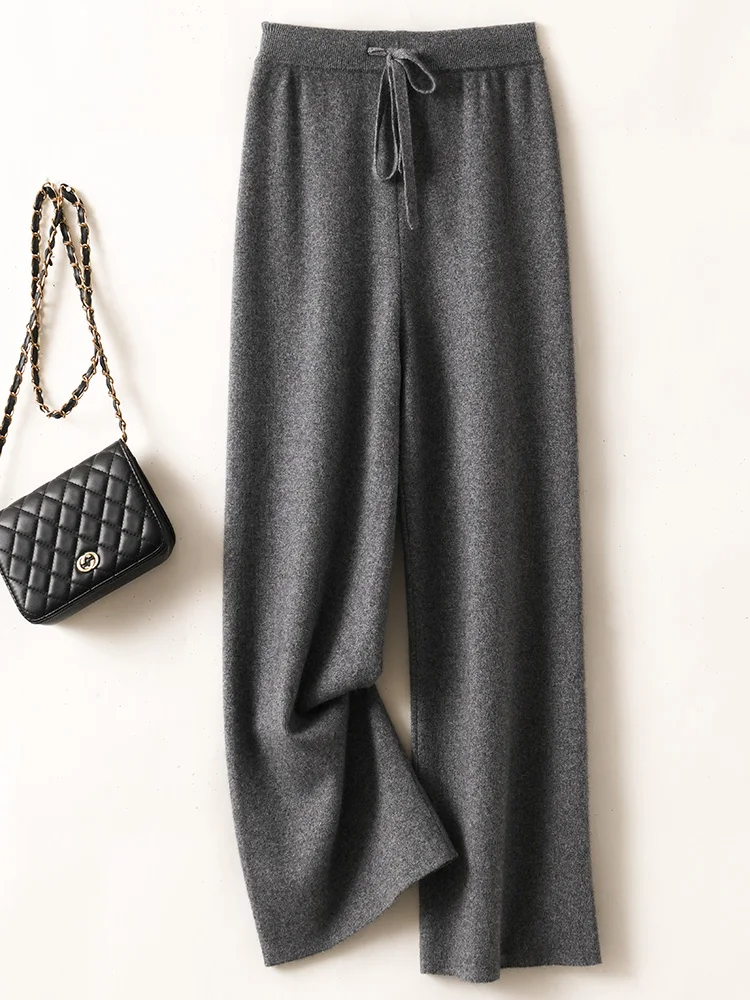 Fashion Korean Popular Autumn Winter Women Cashmere Wide Leg Pants Basic Soft 100% Merino Wool Knitwear Trousers Casual Pants