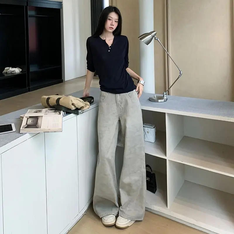 Tall Person with Extended Design Light Gray Straight Jeans for Women in Autumn High Waist Slimming Drooping Floor Pants Jeans