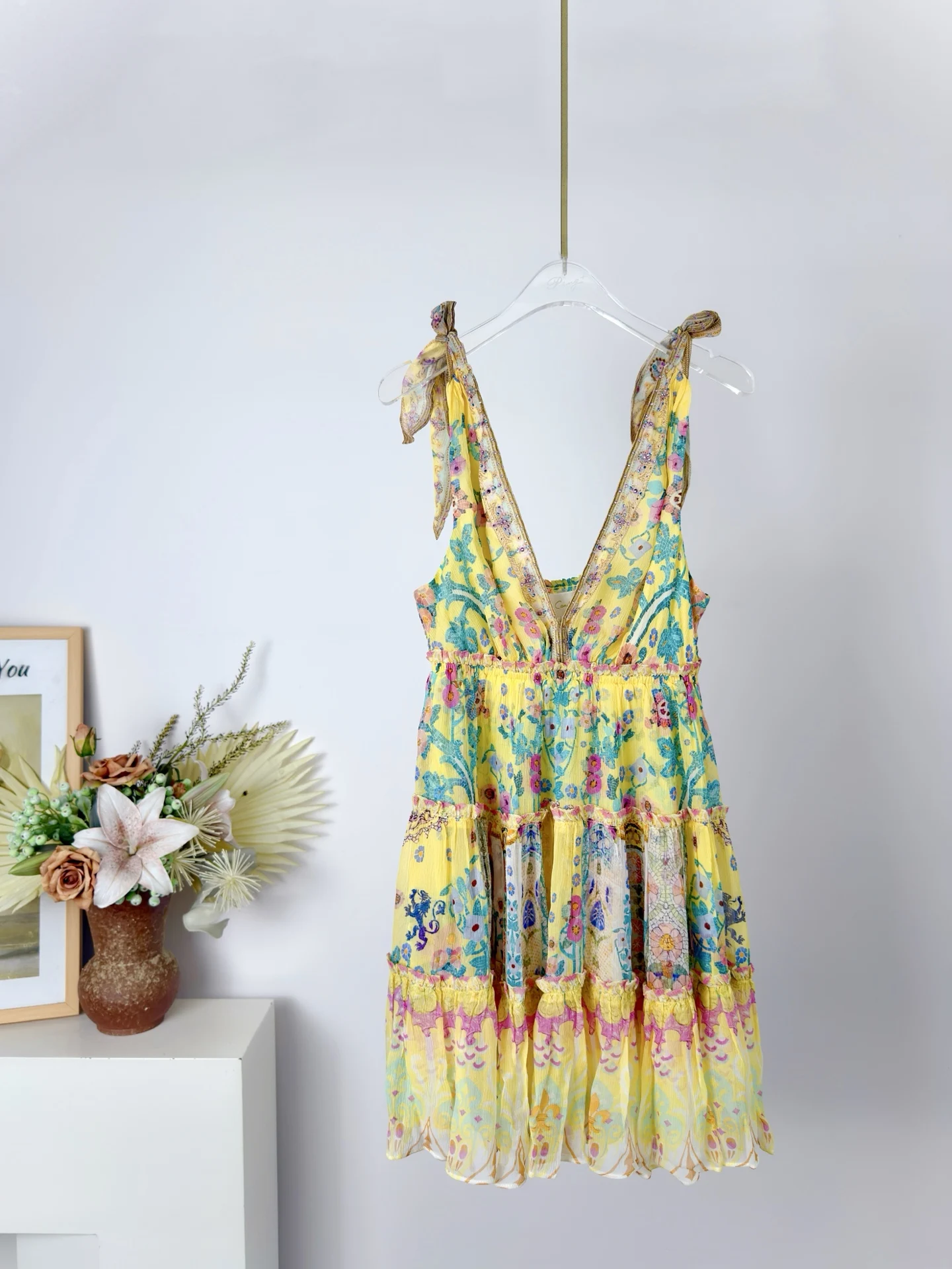 Summer Fashion Beach Style Vintage Floral Print Elegant Mini Dress Women's Spaghetti Strap Gorgeous Crystal V-Neck A-Line Dress