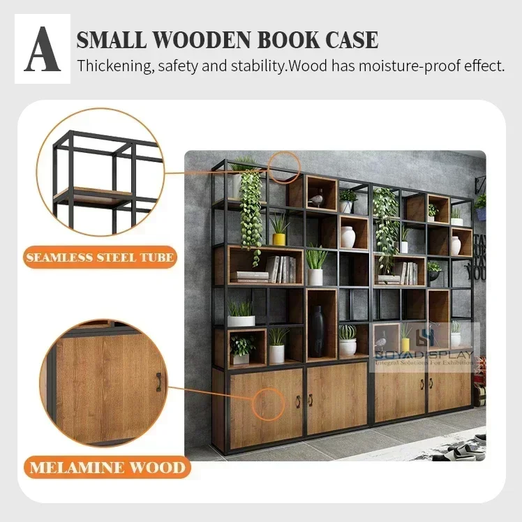 Customized Manufacturer Bookshelf Wooden and Metal Small Wooden Book Case Shelf Mdf with Base Cabinet