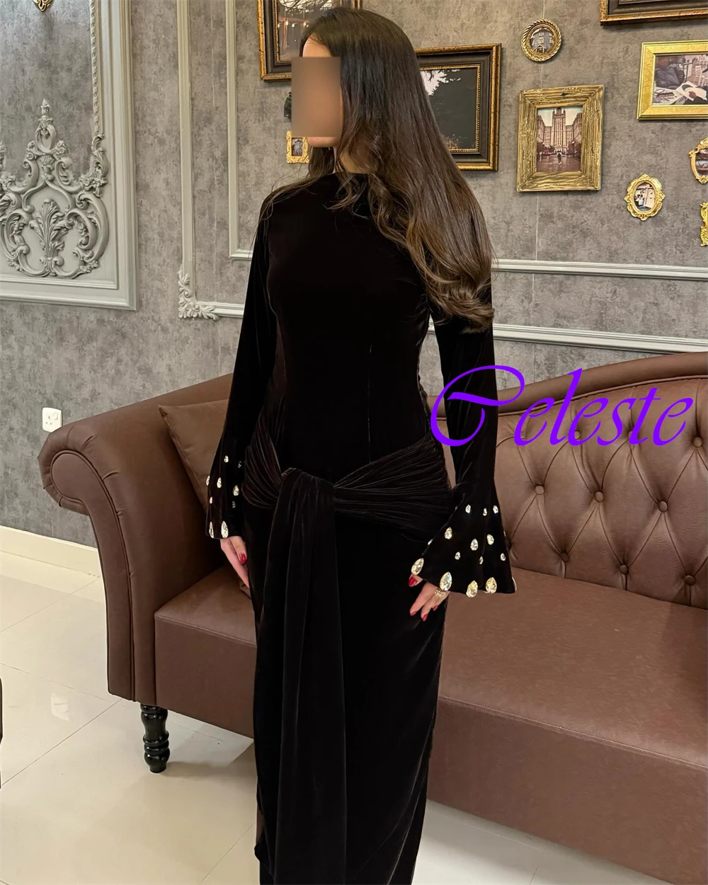 Customized Elegant Boat Neck Velour Evening Dress Classic Long Sleeves Prom Dresses Luxury Sequined Special Occasion Gowns