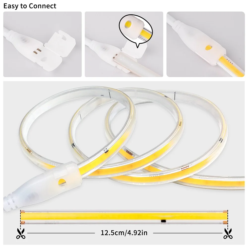 AC 220 V IP65 wasserdichte COB-LED-Streifenlichter, superhell, 296 LEDs/m, flexibles LED-Band mit EU-Stecker, 230 V, lineare Außenbeleuchtung – Detail 5