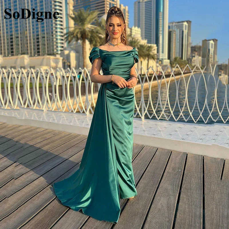 

SoDigne Green Elegant Formal Prom Dresses For Wedding Party Off The Shoulder Evening Dress Pleats Long Arabia Party Gowns