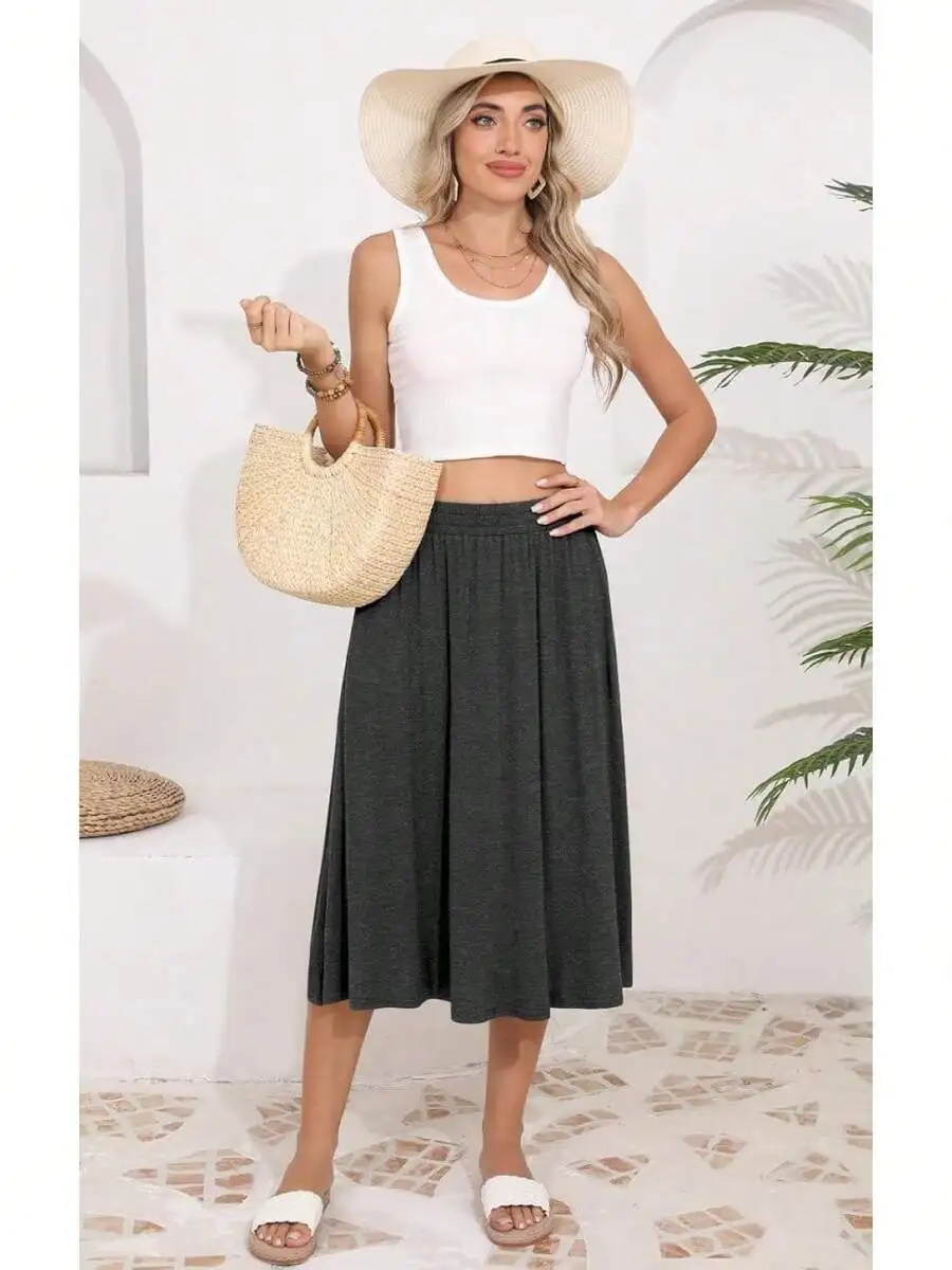 

Womens Flowy Midi Skirt Elastic High Waisted Pleated A-Line Casual Skirt With Pockets