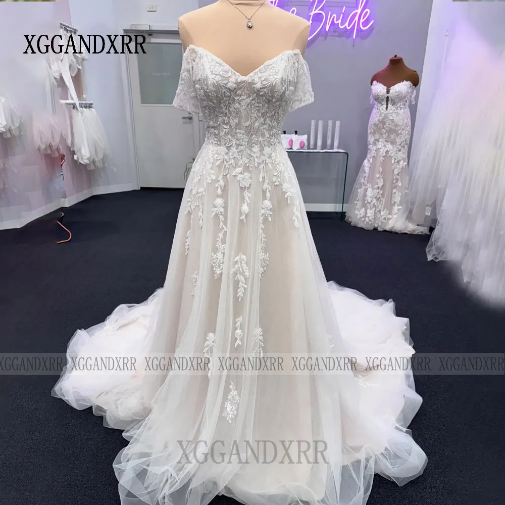 Robe de mariée trapèze personnalisée, élégante, col en V, épaules dénudées, avec des Appliques en dentelle, longue robe de mariée de plage, dos nu, 2026