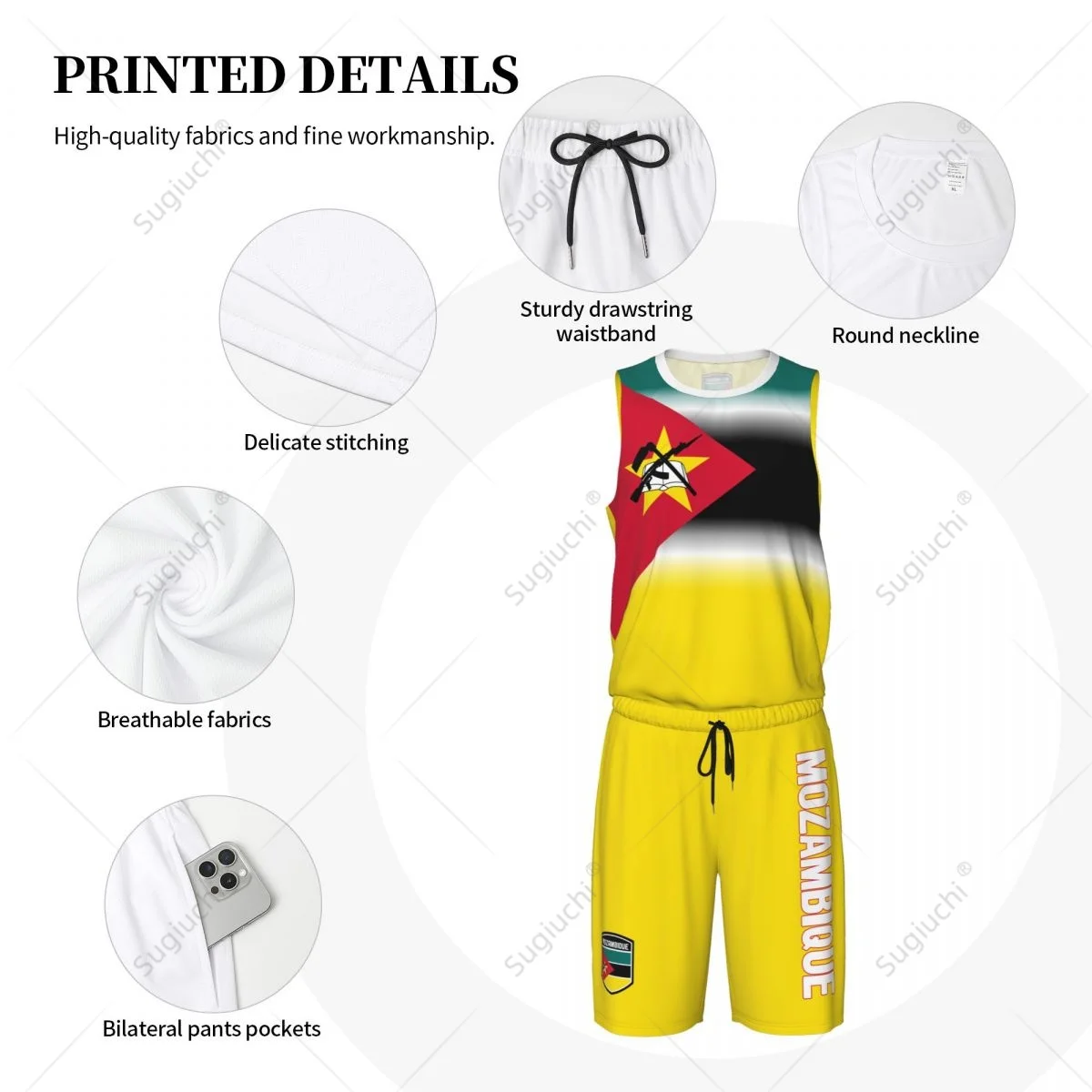 Conjunto de camisa de basquete com bandeira do Mozambique masculina, camisa e calças de malha, sem mangas, exclusivo, nome personalizado, Nunber, unissex