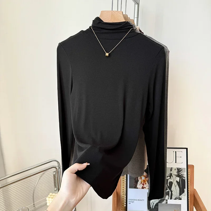 Yuyue Women\'s High-necked High Strecth Bottoming Shirt Old Money Style Silk Pile Collar Base Top Contain Mulberry Silk and Wool